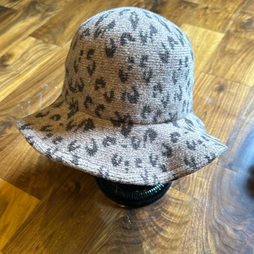 Women’s Tan and Brown Wool Leopard Hat-Adjustable string inside